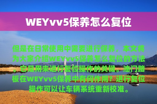 WEYvv5保养怎么复位